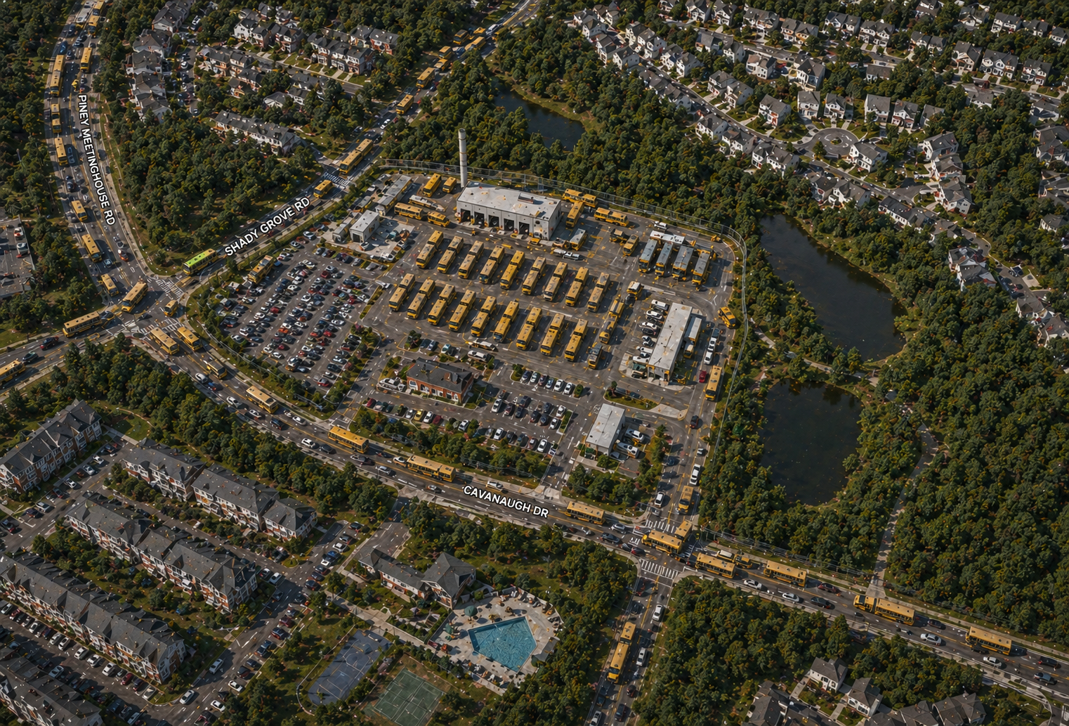 Aerial view showing the proposed bus depot site adjacent to Potomac Glen, the Willows of Potomac, and Lakewood Estates